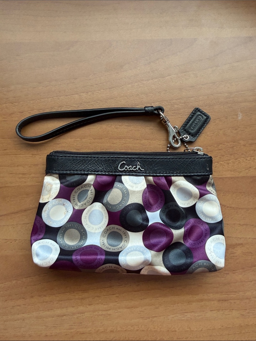 Coach Purple Black Cream Circle Print Wristlet